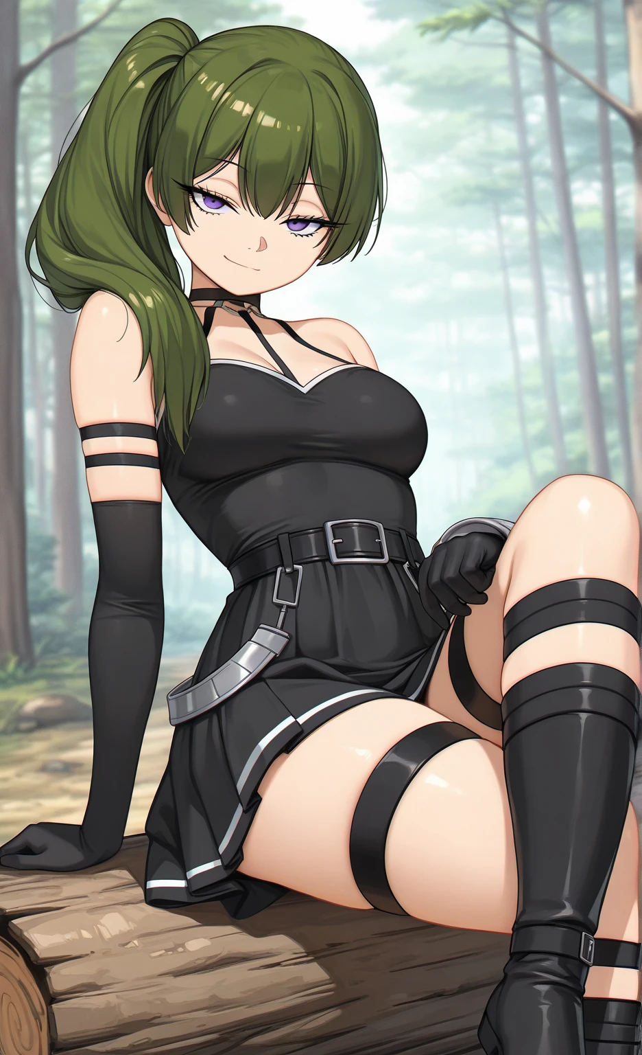 anime girl laying on the ground with her legs spread out, the anime girl is crouching, a sexy maid in a magical forest, natalie from epic battle fantasy, juri misaki, rogue anime girl, morrigan, beautiful anime girl squatting, giantess art, tifa, seductive anime girl, ancient ruins behind her, nico robin, surrounding the city