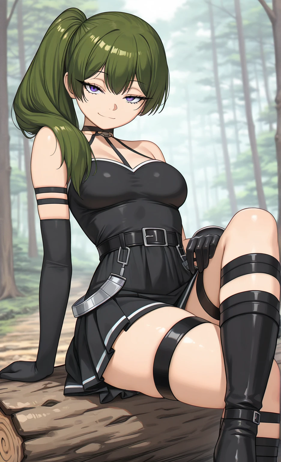 Green hair big chest big ass mouth with lipstick short clothes sitting on the floor with sword in hand 