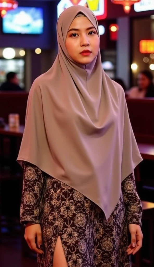 .masterpiece:1.2, best quality), realistic, (real picture, intricate details, depth of field), (1girl, solo), full body photo, make up, parted lips, blue eyes, highly-detailed, perfect face, (skindentation), glossy coral lips, (A girl wearing full hijab, Islamic clothes), black closed clothes, muslim clothing, wearing glasses, high-detailed hands, street