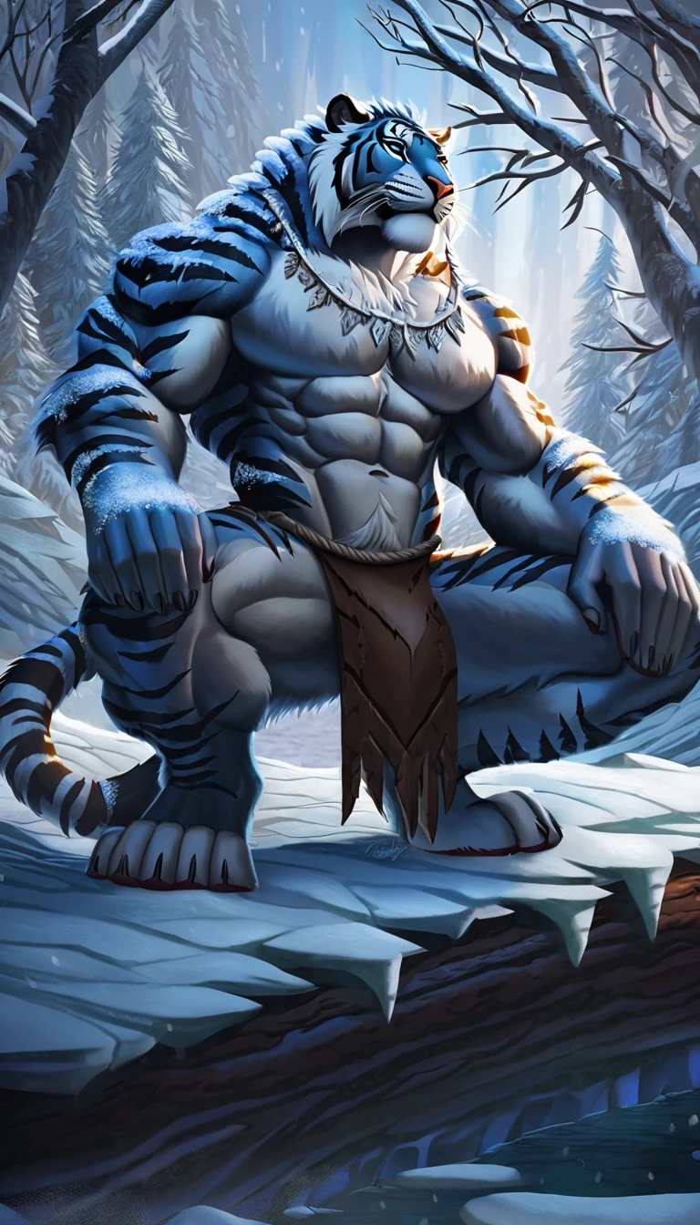 absurdres, ((best quality)), ((masterpiece)), (ultra detailed), perfect face,(sharp eyes),sharp focus, (by null-ghost, by pino daeni), (male antro black tiger):2.0, ((blue stripes) ), ((black body)), (white belly), (delicated tiger fangs, tiger ears, tiger tail), (sharp eye),ultra-detailed eyes, (Beautiful and delicate eyes), (dark red crimson eyes), ((white sclera)), ((fluffy fur, fluffy, furry body)),((long white loincloth), with yellow pattern):0.8, muscular male , (wearing random pattern necklace), smile, (huge bulge), reflection, sexy body, middle-age, strong, looking at view, (((sfw:1.5))), (( abs, strong muscle, 8 pack)), , tougue out, claw, pink , handsome,(Great physique),strong arms man, majestic, barbarous, handsome, by the waterfall, sweating:1.8