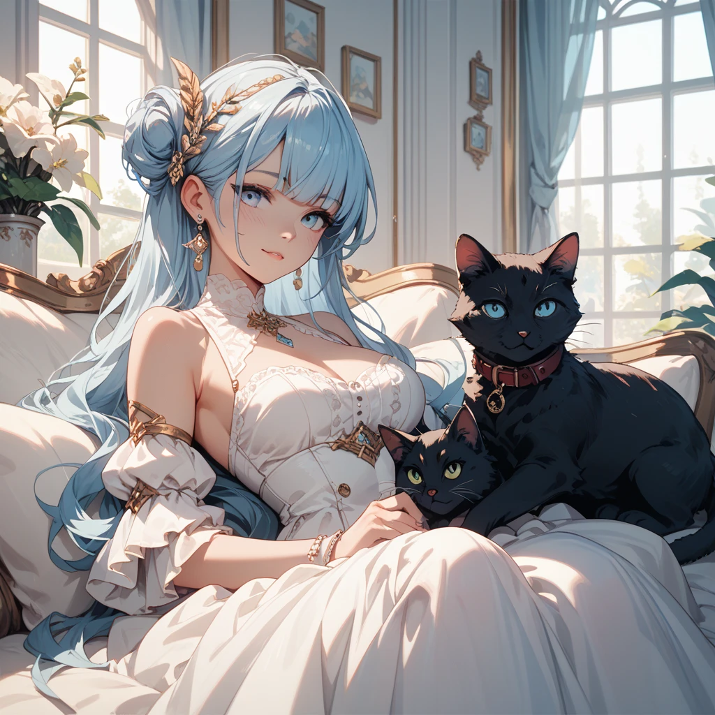 ((Finest quality)),(超A high resolution),(ultra-detailliert),((Best Anime)),sharpnes,Clair,Art with astounding depictions,Glamorous atmosphere:1.4, (dame:1.3,Glittering dresses),Sit on a chair and hold a cat to your chest