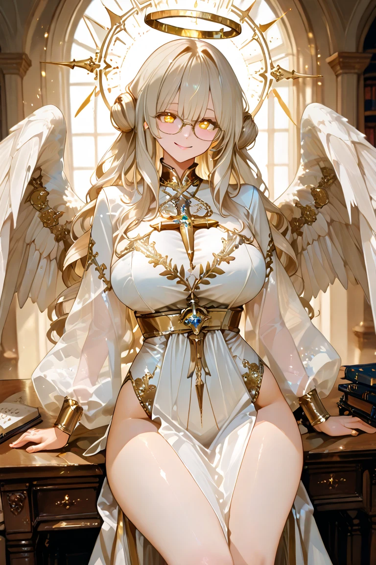 Highest quality、masterpiece、High sensitivity、High resolution、Detailed Description、Slender women、A cup bust、Glasses、Circle of angels overhead、Large wings of an angel、Floating above the desolate wasteland、