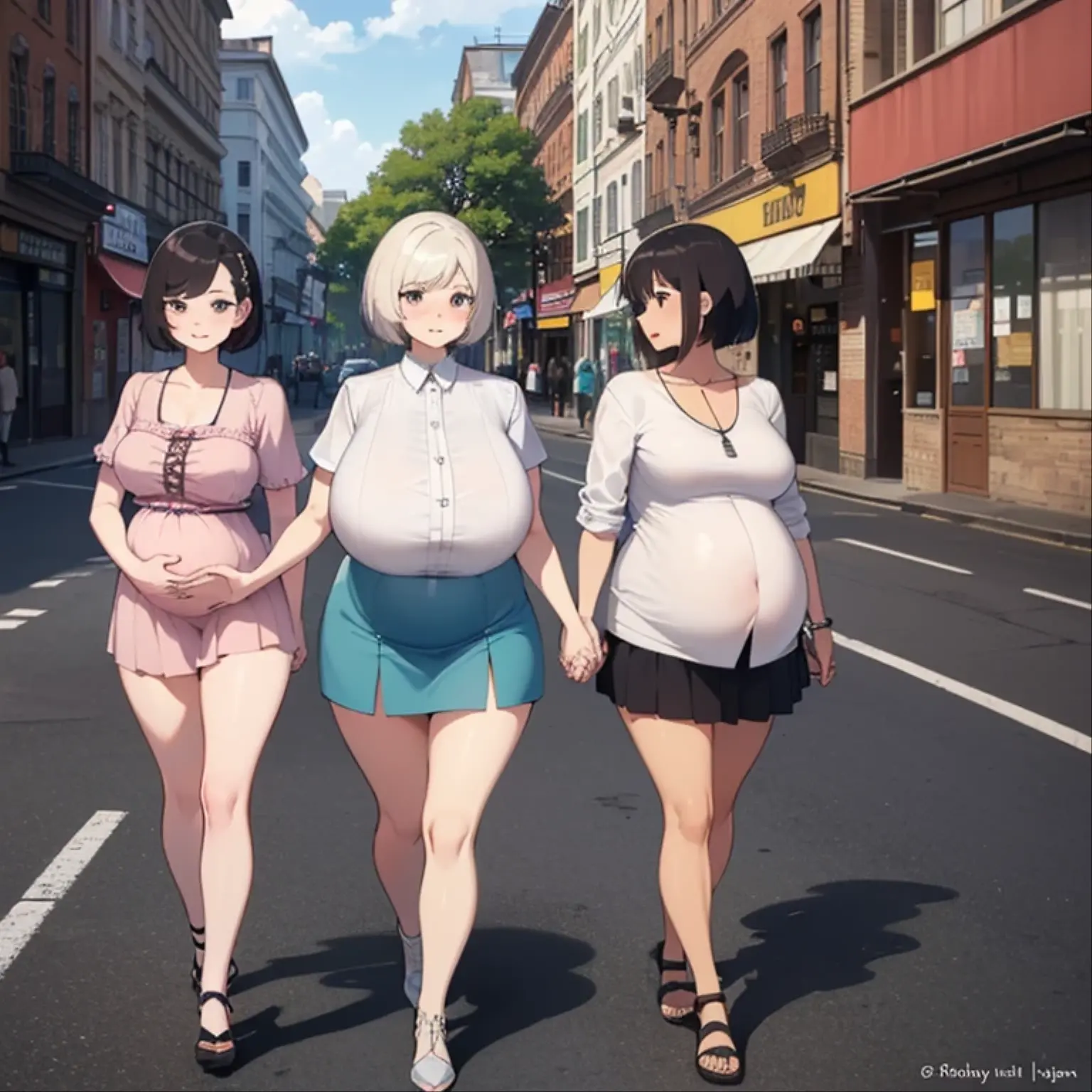 2 women of different sizes walking hand in hand on the busy street during the day,((a woman with a huge penis is completely naked and pregnant,((a thin woman in a very short skirt and very short blouse)),Different types of hair , different body,