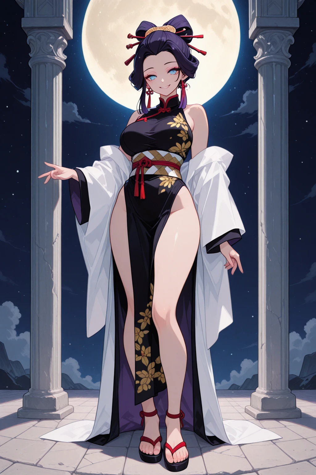 One girl, Beautiful Face, ((black eye)), Purple Hair、Full body photo、Sexy pose, Red moon in the background, performer, space, (Lightroom:1.13), Soft Light, (Natural skin texture:1.2), (Hyperrealism:1.2), Sharp focus, Concentrated,[[Realistic]]