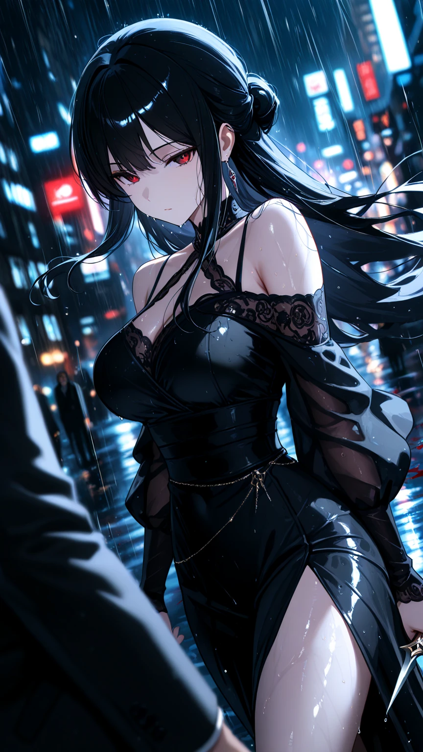 最high quality、Best image quality、masterpiece、With a girl((cute、16 years old、Best Bust、Medium Bust、Beautiful Blue Eyes、Spread your chest wide,Black Hair、Disheveled Hair、thin、Highest Valley、Black Dress、Teary whole body is wet、shout、Hold the microphone、Song、))high quality、Beautiful art、background((night、heavy rain、City、Lightning strikes、fountain park)),Tabletop、Exquisite design、Visual Arts、Written boundary depth、Best lighting、Highest detail、8k