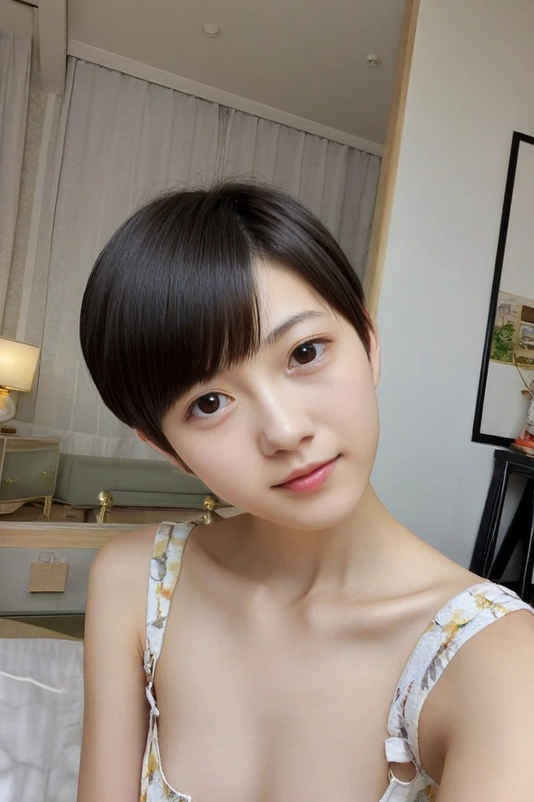 (masterpiece:1.3), (8k, Photorealistic, Raw photo, Best image quality: 1.4), Japanese 、Very delicate、double eyelid、Looking up、Beautiful woman:1.4、Light brown hair、highest quality、masterpiece、超A high resolution、(Open Mouth:1.2)、Shoulder out、Open your mouth and look thin、Short-haired、Face and body in front、whole body、Sit on the sofa、from above.