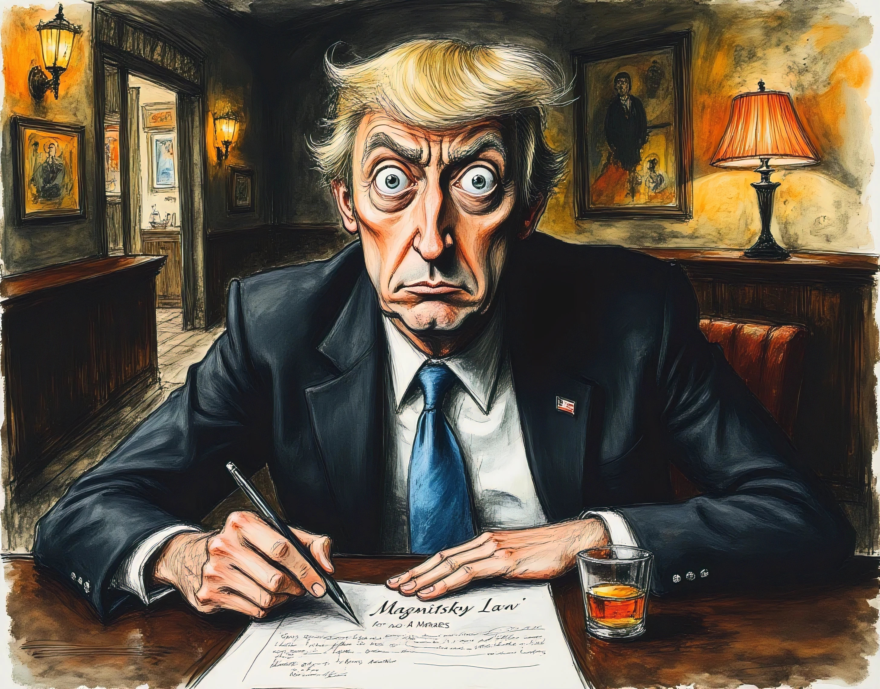 Donald Trump holding a pen in a pub drinking a whiskey and with a paper on the table that reads "Magnitsky Law for A. Moraes"
