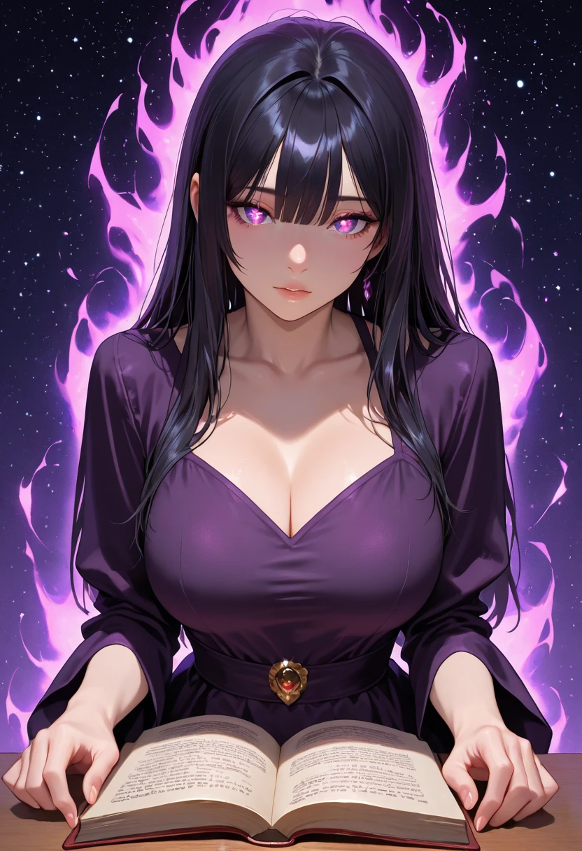 create an anime drawing of a woman with big chest holding onto a purple dress, in the style of portraits with soft lighting, horror manga, neon color palette, light yellow and dark black, strong facial expression, olympus xa2