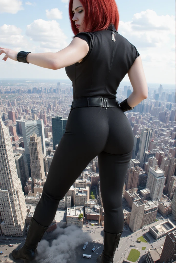 "A towering Giantess in a cool and laid-back hippie style is rocking a crop top and baggy pants. Her toned and athletic build hints at her massive strength. She seems to be casually strolling through the bustling cityscape of GTS City, as towering buildings loom overhead. Smoke and clouds roil around her, adding to the sense of epic scale and drama. The lighting is dark, gloomy, and realistic, creating a tense and ominous atmosphere. The perspective is from below, emphasizing the sheer majesty and power of the Giantess."