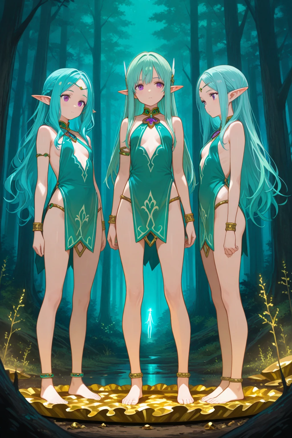 Ethereal girl, nsfw no clothes no clothes Magical abilities, One with nature, mighty, but serene, princesselise, pointed ears, bare feet, mythological, connected to elements, be heavenly, wise eyes, ancient lineage, whole body commission, whole body, reference sheet, nsfw without clothes breasts and vagina showing