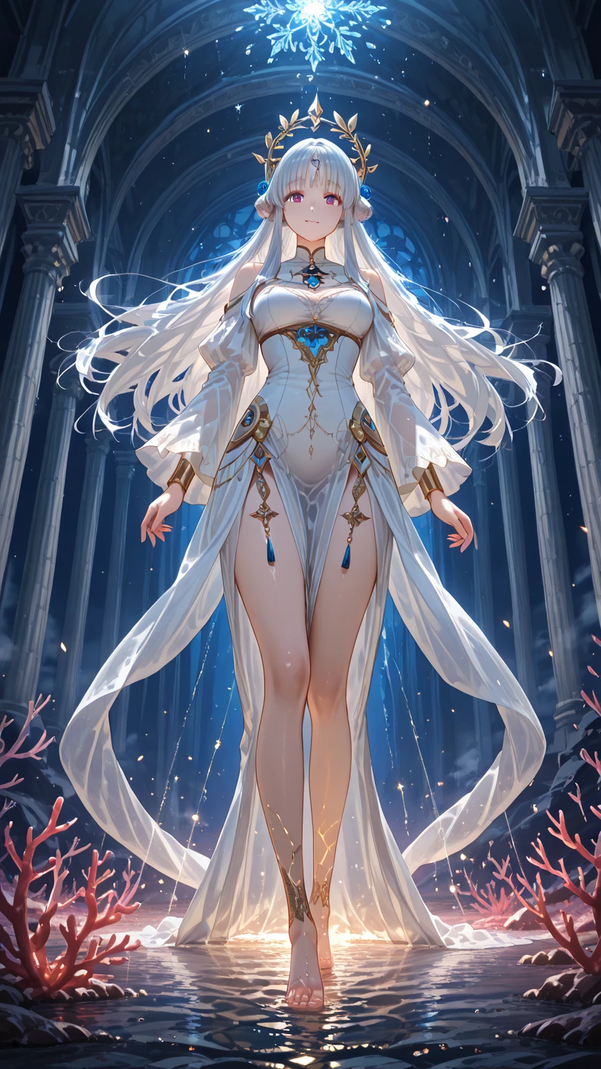 (Fidelity: 1.4), (Masterwork, side light, exquisite eyes: 1.2), (Extremely fine CG painting, Chinese style masterpiece, ultra-delicate, ethereal and quiet, misty mountains, misty clouds), (elegant and luxurious Taoist nun, fairy Misty, with long flowing hair, decorated with silver hairpins, long silver hair, white clothes, red eyes, (misty and cloudy), (beautiful figure, beautiful palm), (sword hanging on waist:0.8), nude foot.