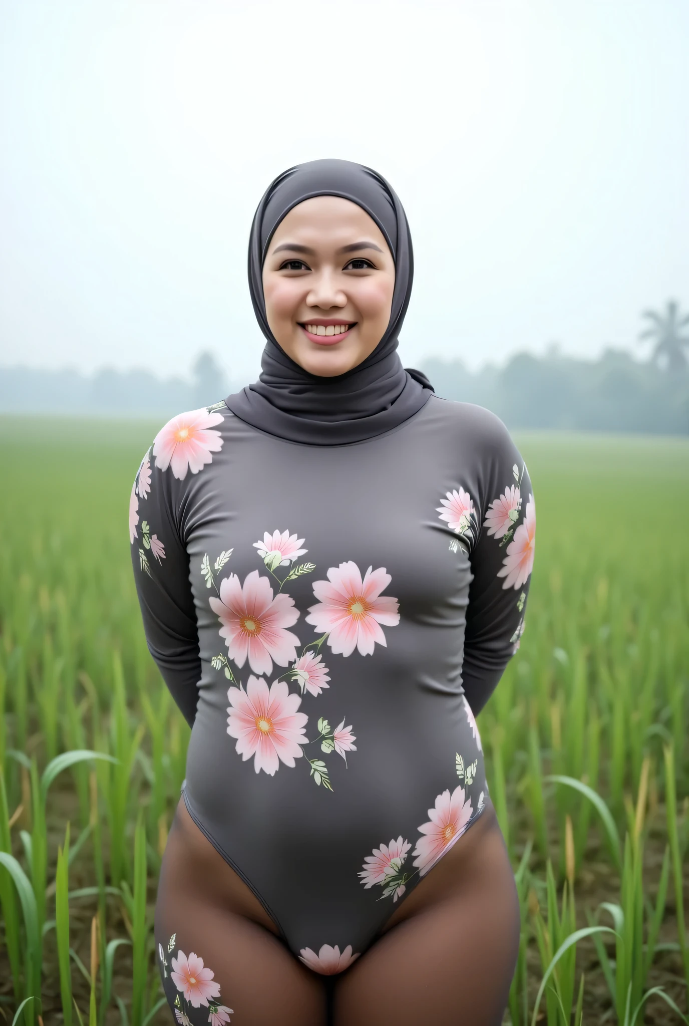 Just Front photo, Atmosphere Foggy, (Fat body) "Facial expression in Happy Orgasm", Wearing flora print hijab, (photorealistic:1.6) (mini tiny tights Hotpants), background rice paddy. daytime atmosphere, don't put any rope! flat chest!, duduk di atas kerusi kaca, hands behind back while legs astride, Look from the front you are stupid!, wearing Fully grey flora print tight dress chubby