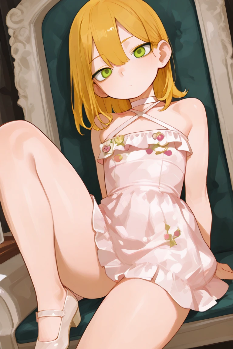 Lambdadelta, dress, bow, red bow, pink hat, lying on back, looking at viewer, cleavage, b cup breasts, smile, laying down, spread legs, farting, butt, nude, catgirl, 10 years old, confident, laying down,