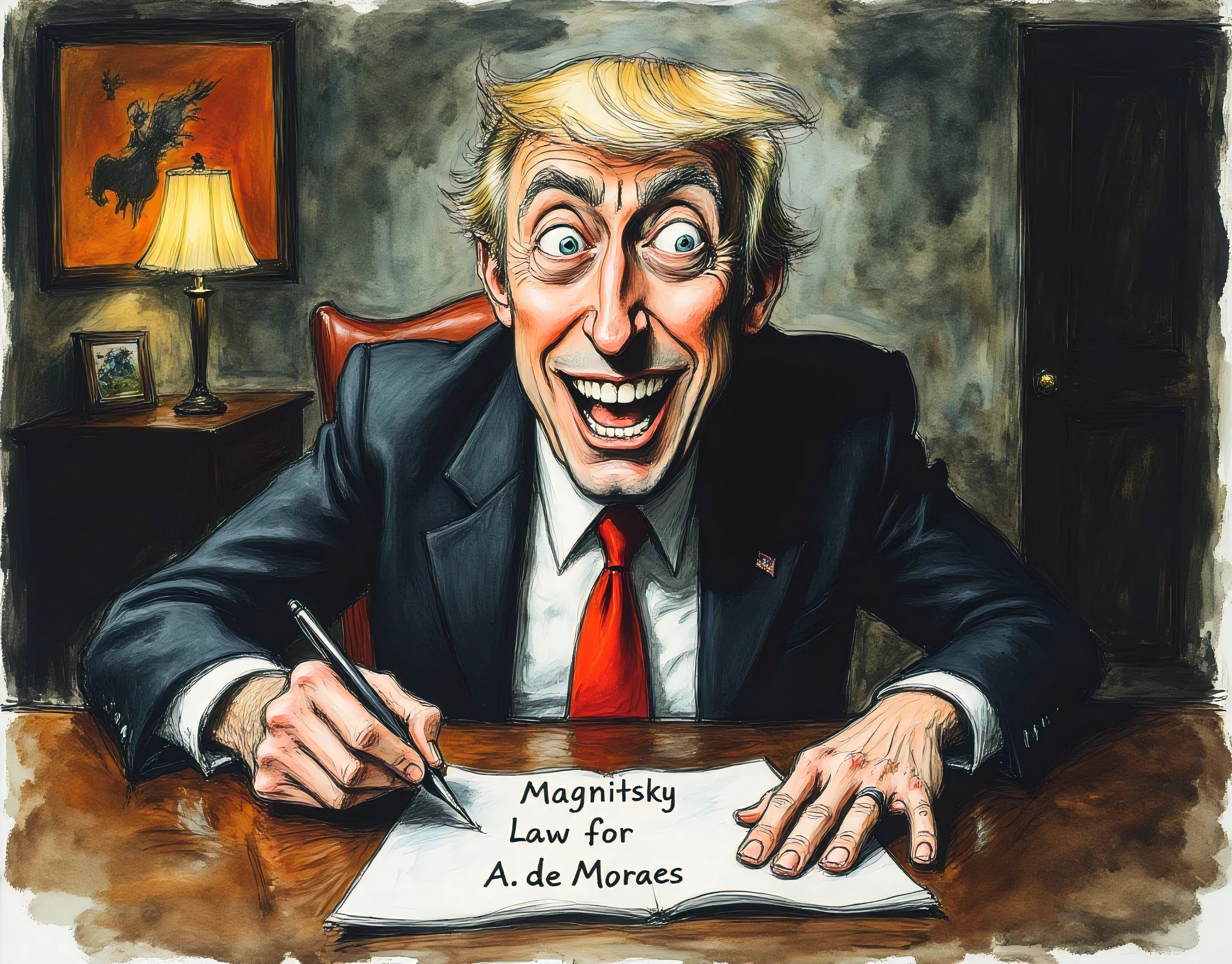 Donald Trump laughing a lot holding a pen with a paper on the table that reads "Magnitsky Law for A. de Moraes"