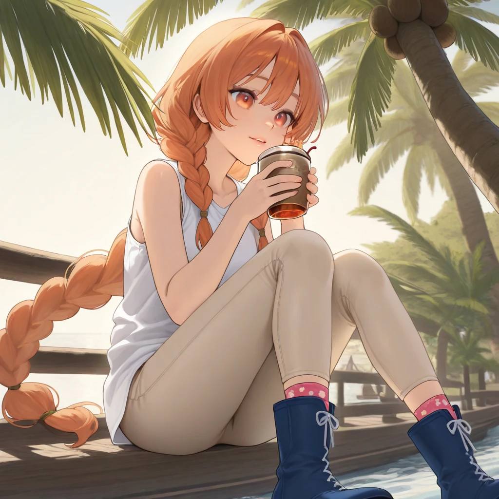 (Extremely detailed CG unified 4K wallpaper),blind box toy style,A cute little girl,red tinted hair,Shoulder-length hair is medium-long,Happy,Light blue clean background,Sit on a rock,avatar close up,drinking milktea。