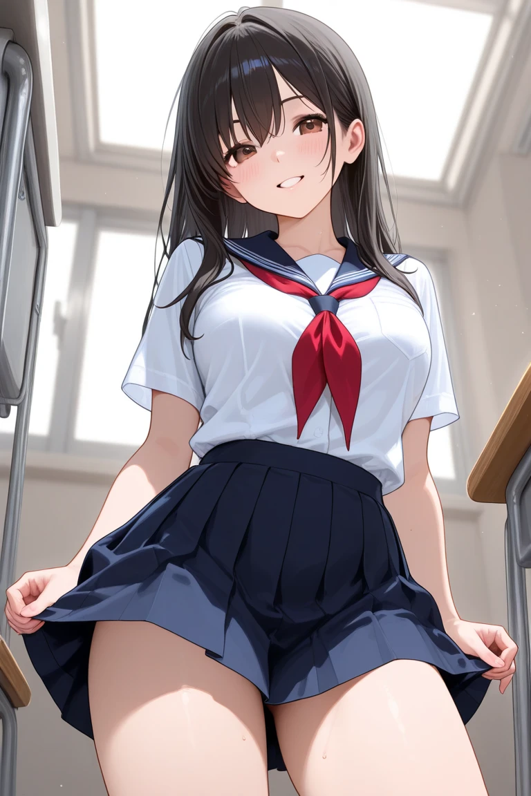 perfect face, detailed face, beautiful hair, 1 girl, 16yo, medium sized breasts, firm chest, very cute face, young face, female idol, nude, school uniform, seifuku, Perfect Hip, round hips, (exposing white panties from under the skirt:1.2), smile shyly, (blush:1.2), stare at the viewer with a seductive gaze, (in crowded classroom:1.1), in the morning,