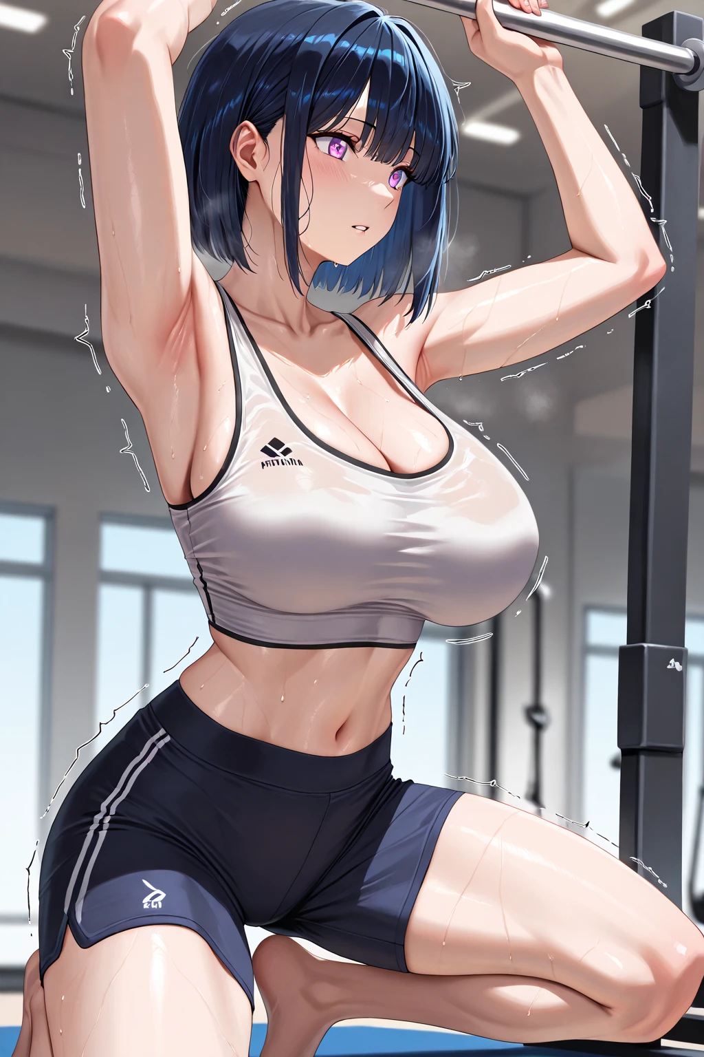Absurd, Super detailedな,(In 8K:1.3),Masseter muscle area,(masterpiece:1.2)、(Highest quality)、4K、Super detailed、(Movement Structure:1.4)、(Shining Lights、Atmosphere lighting), High resolution, Best Quality、(One girl:1.4),Super detailedな,Bright colors、Treebreak Production Art、(Warm color light source:1.2),High-level image quality、Fine image quality、Intricate details,Volumetric Lighting,Realism BREAK、Profile、 Idol face、15 years old、Very beautiful face and eyes, Beautiful images、natural make up、 big eyes, (Big Tits:1.4)、(glossy skin :1.5)、(Baby Face:1.5)、(Sweat:1.4)、(muscular body type)、 dynamic pose、 (sports gym:1.2) 、(fitness center)、 (ight blue hair、short hair、blunt bangs:1.2)、 (sports bra:1.2)、(Breast bag)、(leggings:1.2)、 (aroused)