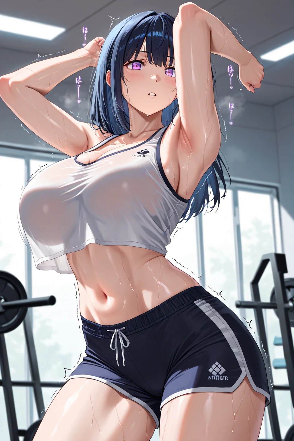 ASAGI,pantalones cortos deportivos,sujetador deportivo transparente,escote,Polainas negras,Cabello largo, Cola de caballo,cabello azul, pelo entre los ojos, bloqueos laterales, purple eyes, Mirando al espectador, en el gimnasio, Gimnasio montado en segundo plano , Gimnasio costoso,Cameltoe,(Sudando:1.1),musculatura,(Abdominales tonificados),(Altas Resoluciones, alta calidad:1.1), Detalles intrincados, cinematic lighting, 1girl,dynamic pose, ingle,They are smiling,desde abajo, large breasts, wet body, lips