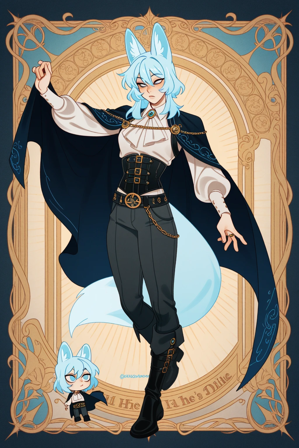 boy, fox, cyan furry, white skin, full body, twink
