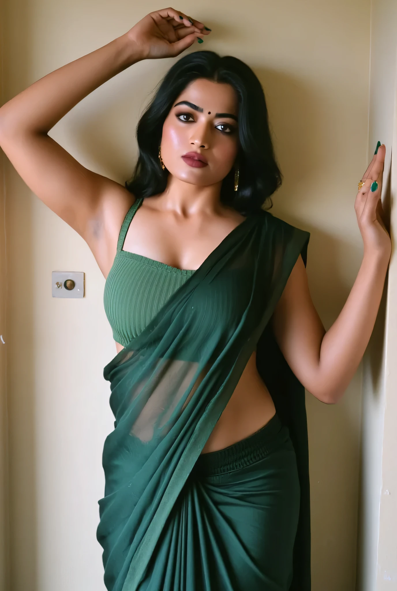 Create a picture of rashmika in dark green saree and green blouse which is sleeveless,slight gold embroidery design on saree . Midriff revealing.cleavage visible. Raising hands up to show her fleshy armpits. 4k quality picture. Looking straight at the camera. face and expression. Curvy body type.deep navel visible on transparent saree