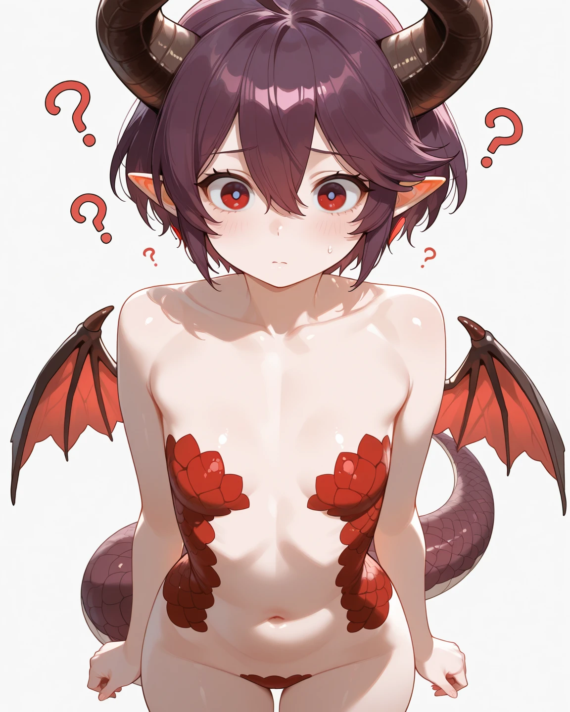 18-year-old, bathe, realistic, very detailed, naked ,girl, flushed, small breasts, on bed, moan,masturbation, lay hands on groin, yellow eyes, Red hair, demon girl, small demon horn, big breast, short hair, spread leg