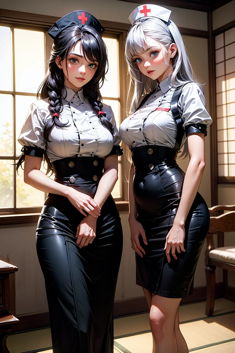 Senna from League of Legends as a secretary, large breasts, Hololive Japan, Anime hyperrealism, Photorealistic, 8K, super thick, but slim, small waist, professional attire, Sweater dress with turtleneck, office scene, High Service Secretary, dreds, hair on diapers, Sexy, camel toe, panty shot, cleavage
