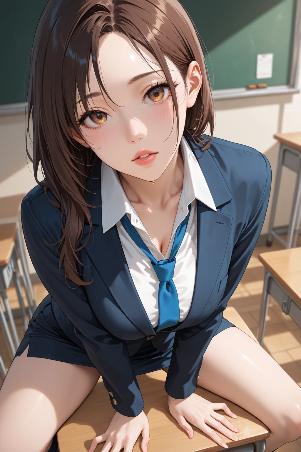 8K quality、High resolution、Beautiful fair skin texture、High resolutionの瞳、Japanese high school girls、Summer uniform、Open-neck short-sleeved white shirt、Cleavage、mini skirt、Brown Princess Hair、、Small breasts、Sweat accumulates in the chest、classroom
