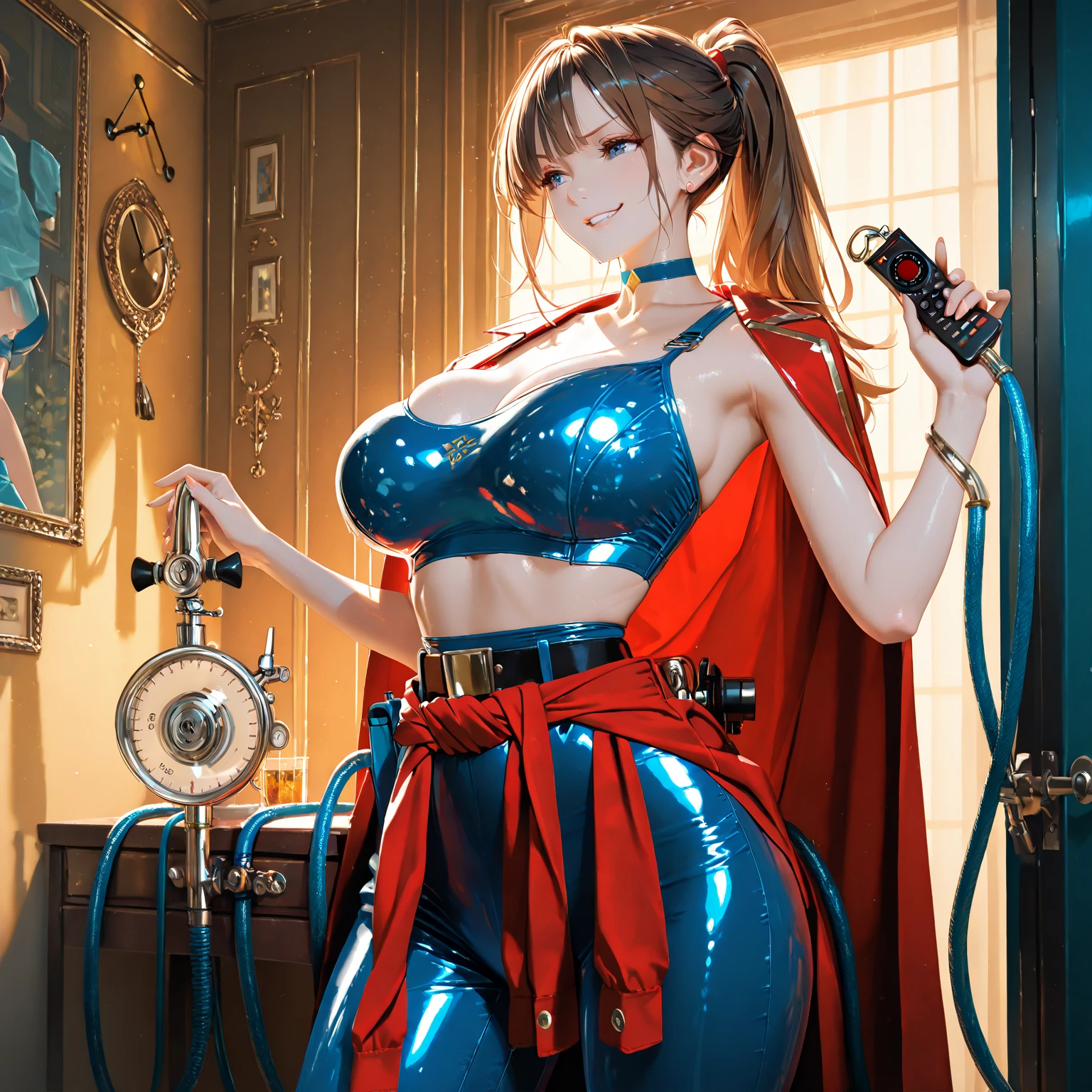 masterpiece、Enamel Supergirl Costume、Short Hair、Hospital operating table、Crisis situation、Big and ample breasts、looking at the camera、Shiny、Off the shoulder、choker、Long sleeve、Red exy poses to seduce、Sweaty、Model Body Type、Alluring、charm、Enchanting、abused、test subject、victim、Wild、Photorealistic、latex、
