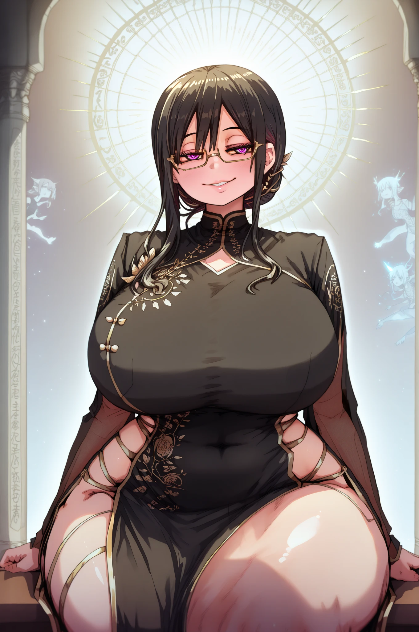 masterpiece,(bestquality),highlydetailed,ultra-detailed,light, at the palace, in a halterneck harem outfit ,gold_choker, belly_chain,necklace and veil, 1girl,,{black hair} (long whitr hair)(Lateral hair)(Shawl hair)(hair straight),(glasses),(Yellow eyes),fleshy feeling,fleshy legs,large breasts