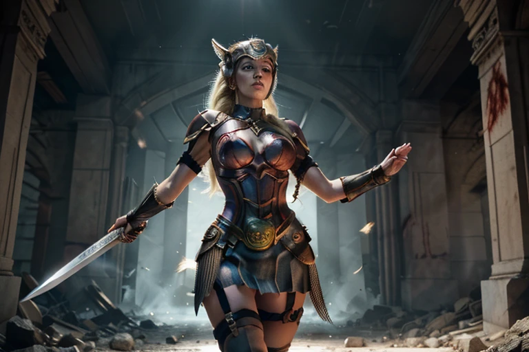 A fierce Viking god warrior stands ready for battle, face obscured, embodying the spirit of protection over strawberries. Clad in blood-red gold armor adorned with strawberry motifs, wielding a powerful weapon, this epic figure exudes a sense of realism and intimidation. The image, likely a digital painting, boasts stunning 8k resolution, capturing every intricate detail with breathtaking clarity and intensity.