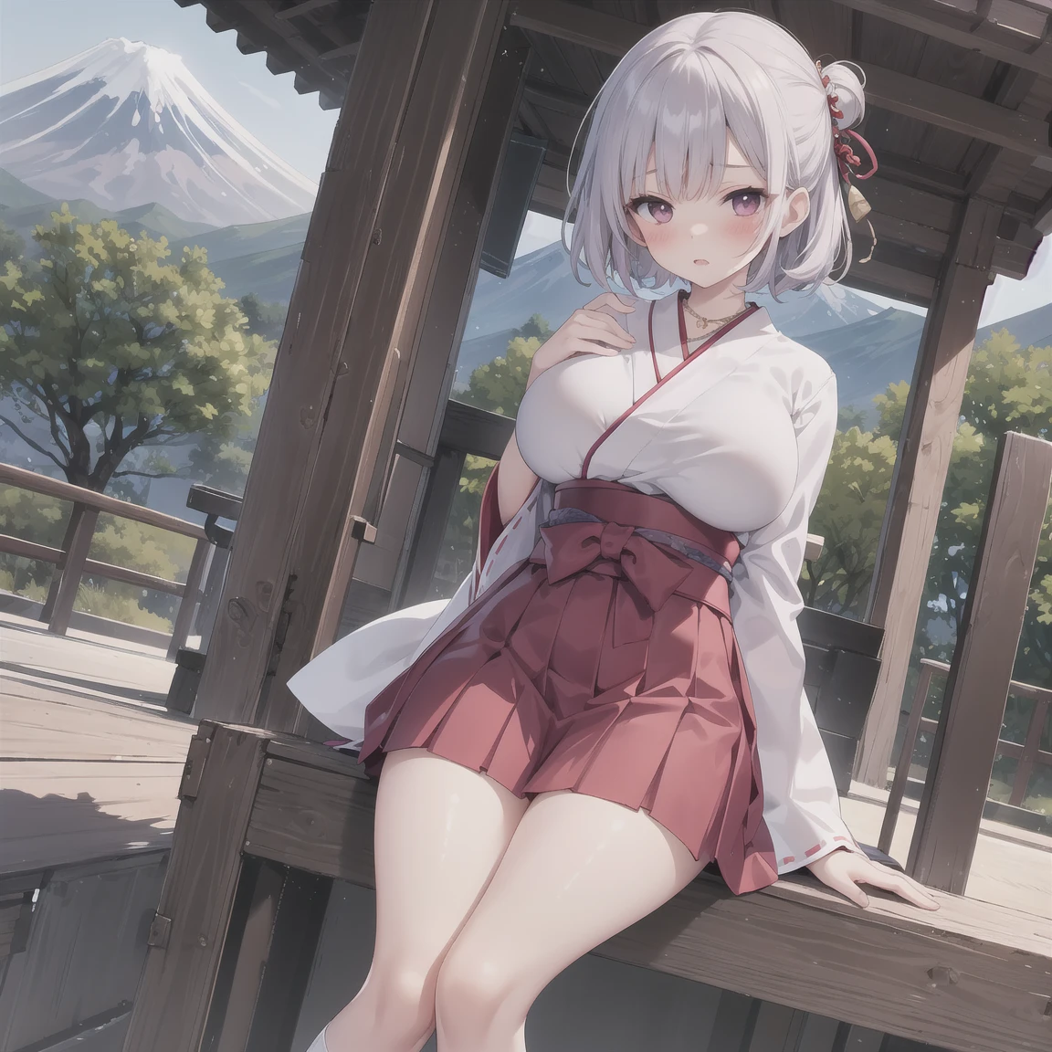 ((Masterpiece))A girl, small breasts, thin waist, packed skin add_detail, detailed red pupils add_detail, white hair add_detail, Ponytail hairstyle, perfect skin, in a kimono, barefoot add_detail 