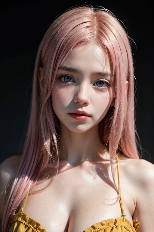 best quality, ultra high res, (photorealistic:1.4), (detailed beautiful girl:1.4), (medium breasts:0.8), looking_at_viewer, Detailed facial details, beautiful detailed eyes,pink hair, blue eyes, slender, haunting smile, (makeup:0.3), red lips, highly detailed clothes, (ulzzang-6500-v1.1:0.3)