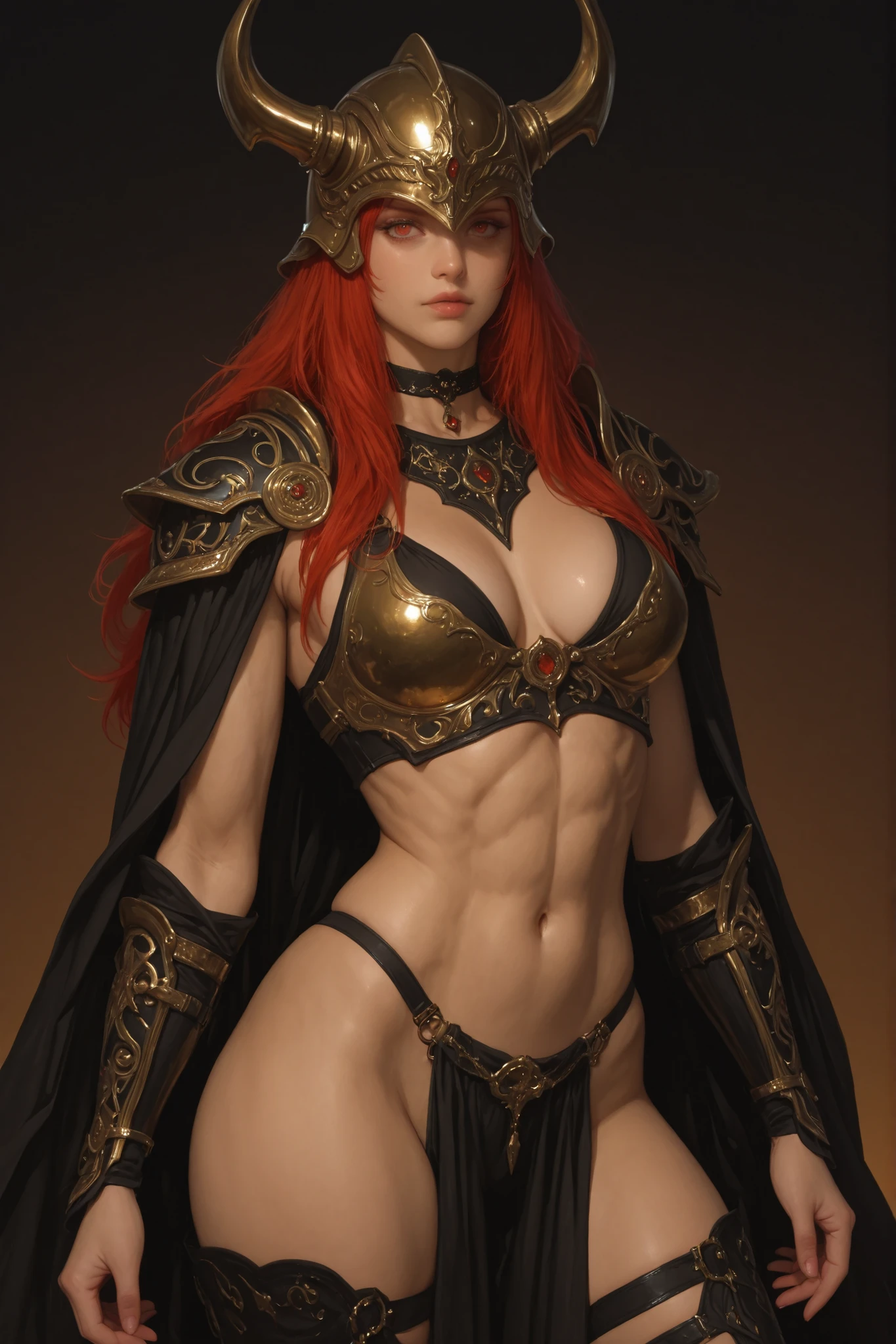 Create a visually stunning representation of a breathtaking warrior woman adorned in a revealing armor ensemble. With a tantalizing glimpse of her toned midriff, she holds a gleaming spear confidently in her hand, exuding strength and grace. The scene is set within the grand halls of a majestic castle, where the intricate details of the architecture are captured in high definition. The lighting plays dynamically, casting dramatic shadows that enhance the sharpness and clarity of each element. Her physique is flawlessly depicted, showcasing a smooth and impeccably sculpted figure, with a slender waist that accentuates her curves. Her fiery red hair cascades down her back, adding a striking contrast against her fierce countenance.