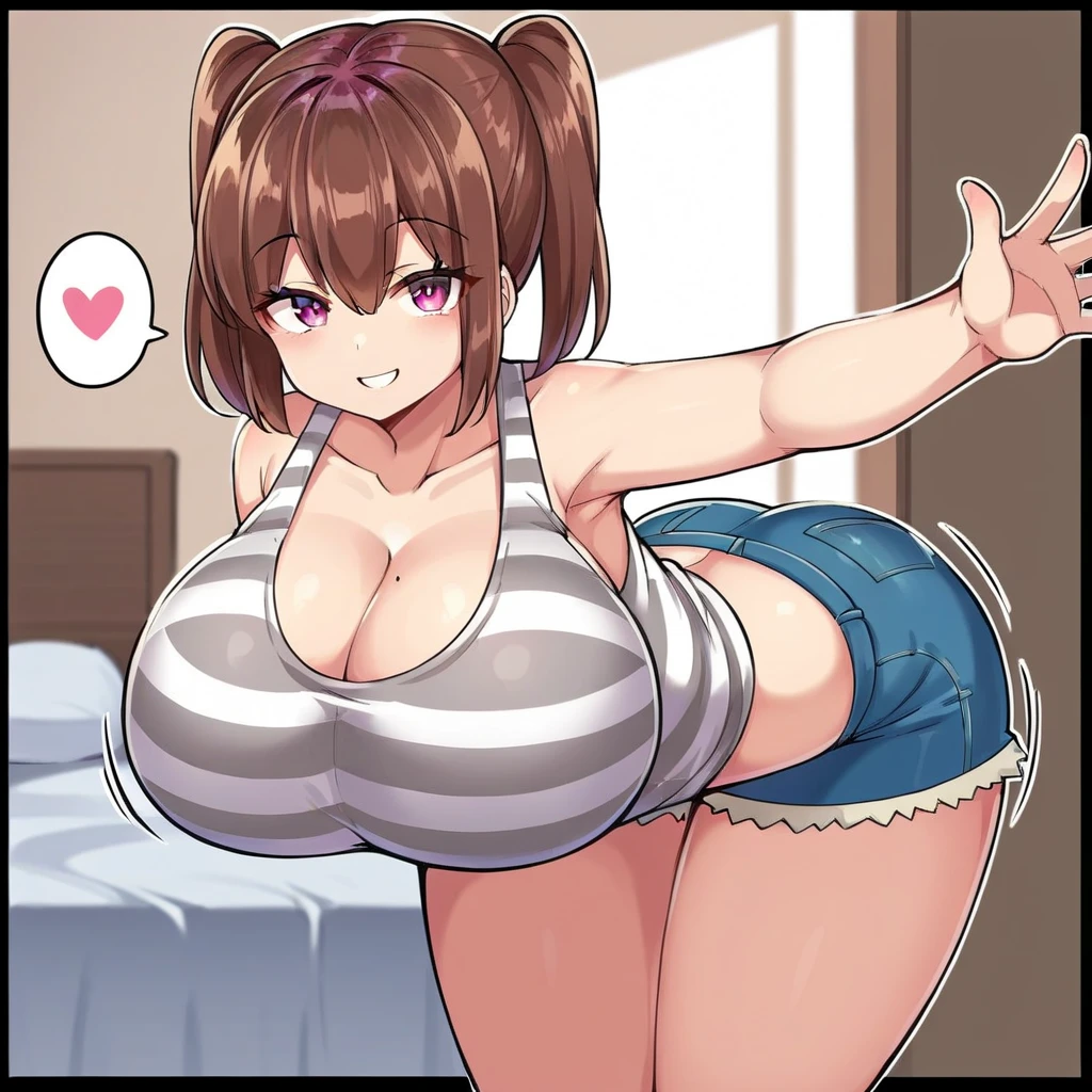 1 adult female、35-year-old woman、(Huge breasts:1.5、sagging breast:1.5)、Brown Hair、Light red eyes、Wavy Hair、Bobcut、living、milf、off-shoulder sweater、midriff peek、potbelly、Worried brow、mini denim shorts