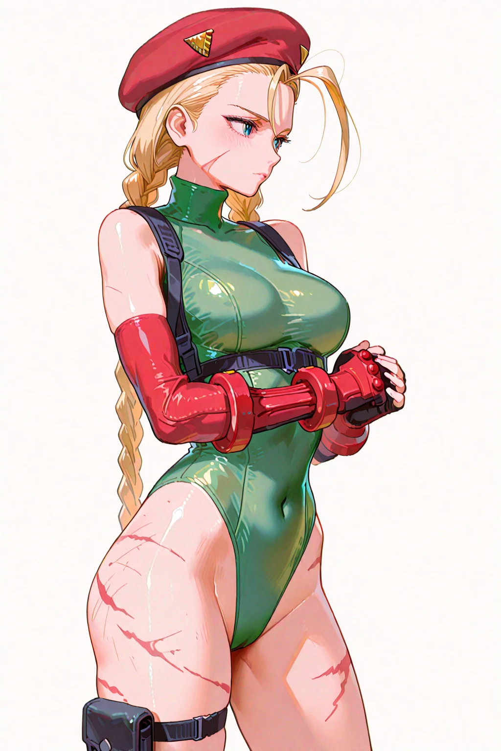 (high quality, Best Rendering), (beautiful girl, Cammy), (bomb, Pin-up Style), hot, Floss, Perfect body、Big Breasts、Narrow waist、 Fitness, blonde, Two long braids, Fancy hairstyle, bedroom,Lie down with your legs spread、 psychopath, Naughty smile, Body facing forward,Shiny green tight high neck leotard, Red Beret, Combat Boots, center,  anime、Beautiful feet、Wearing white pantyhose