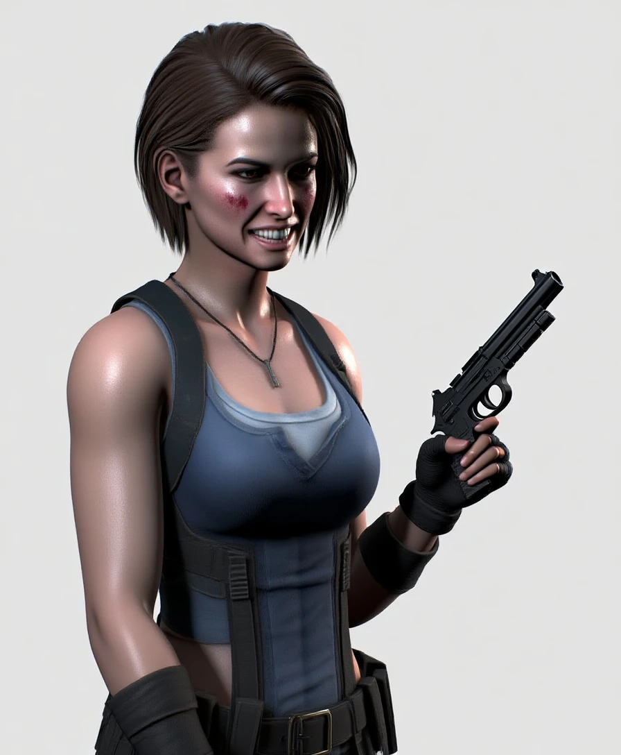 UHD, 4k, ultra detailed, cinematic, a photograph of  <lora:Jill Valentine style v1-step00001800:0.8>
Cinematic style Jill Valentine a smiling woman holding a gun in her hand, solo, breasts, short hair, black hair, gloves, holding, upper body, black gloves, belt, fingerless gloves, lips, bob cut, holding gun, holster, jill valentine, bare shoulders, strapless, nose, shoulder holster, epic, beautiful lighting, inpsiring