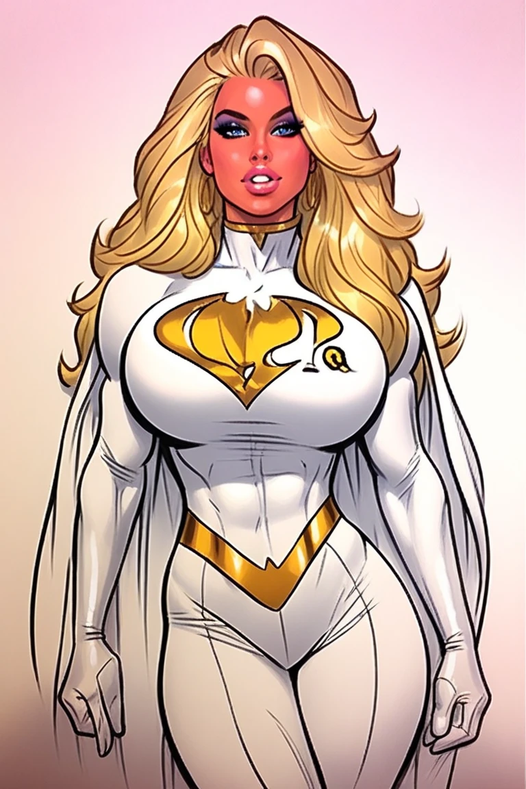 score_9, score_8_up, score_7_up, score_6_up, score_5_up, score_4_up, Sexy, Superheroine, blonde hair, green eyes, long hair, busty, ((White skimpy highleg leotard with a t-back thong)), gold belt, gold cape, thin white headband, deep v cleavage cutout, happy expression