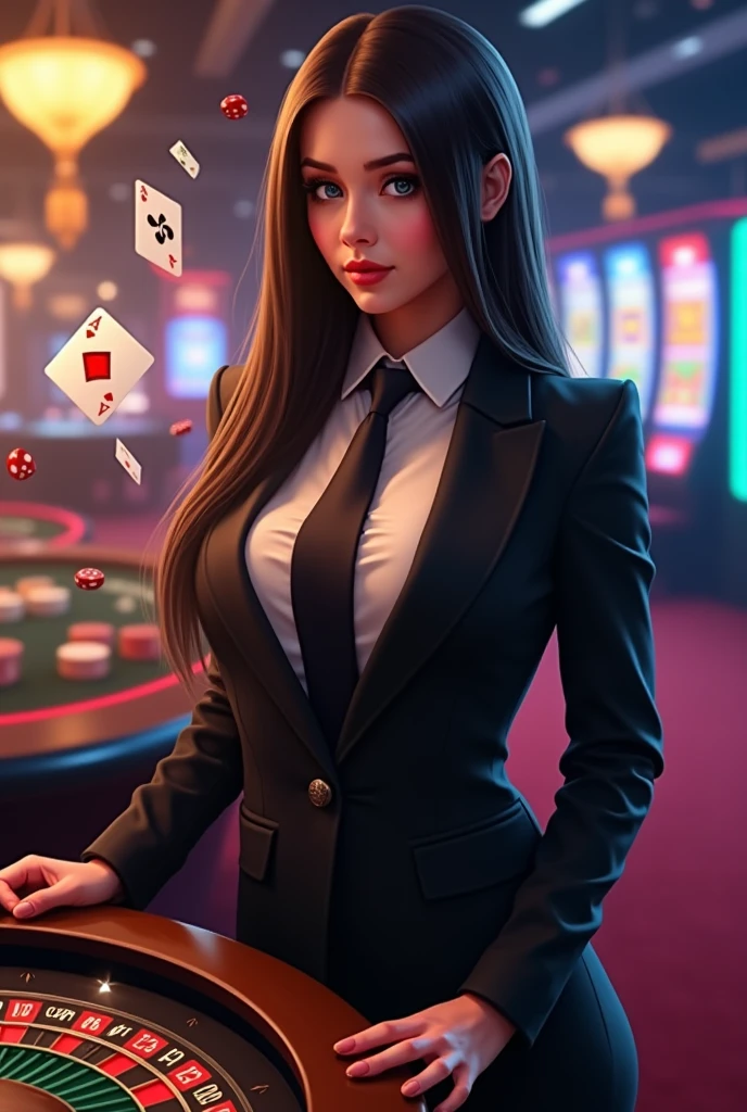 Concept art,CG illustration,hand-drawn art,1girl,card,skirt,solo,brown hair,necktie,purple skirt,sitting,brown eyes,purple necktie,long hair,shirt,bracelet,looking at viewer,sleeveless,jewelry,gift,indoors,belt,playing card,chair,smile,holding,white shirt,box,striped,window,sleeveless shirt,holding card,collared shirt,table,striped skirt,vertical stripes,<lora:Exotic V2:0.8>,