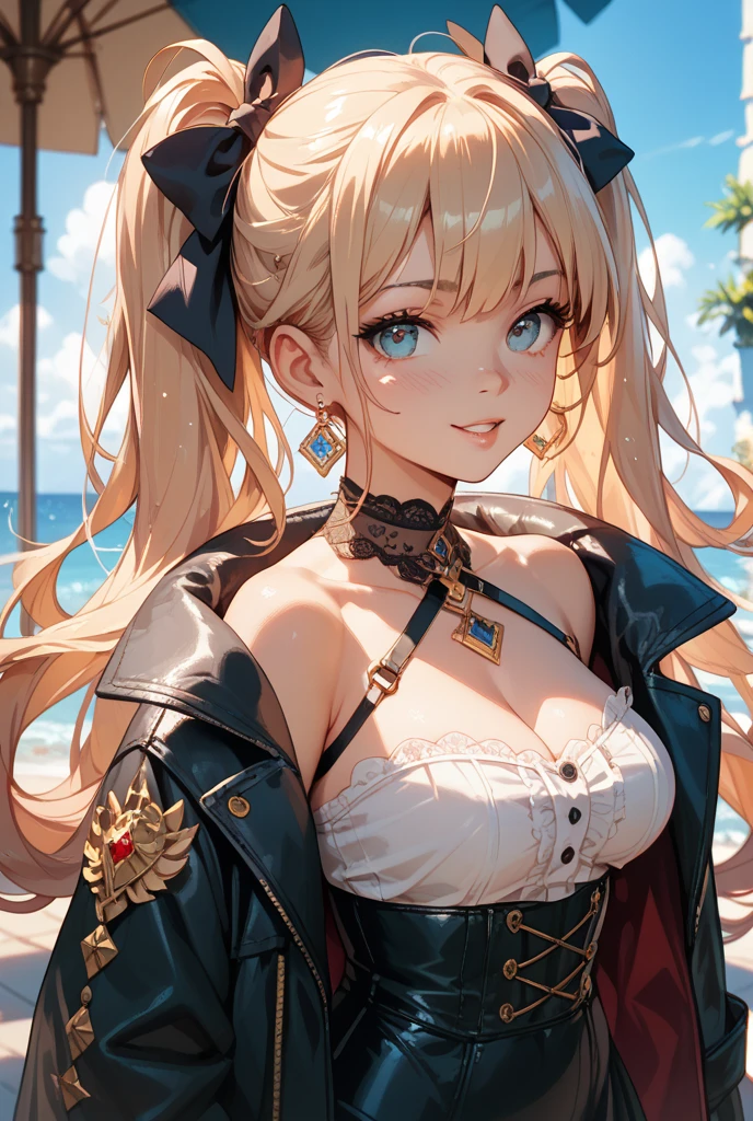 Adult Woman, Long dark blonde wavy hair、off-shoulder knit, Puffy nipple、(dark blue long one-piece dress), jaket、Medium milk, cute smile face、Bare shoulders、(Pose to lean forward and emphasize the chest)、(turned around)、sexy hips、Black High Heels、Church of the castle、sexy  pose、(((The skirt is rolled up by the wind)))、Sexy lace panties