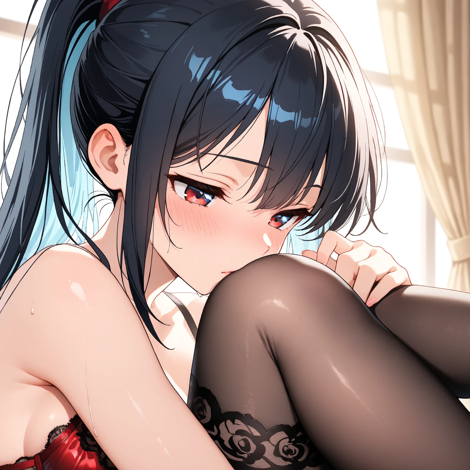 a girl sitting down, (yuri:1.5), looking at another, (2girls:1.5), (giantess:1.5), (height_difference:1.8), bed, bedroom, (size_difference:1.5), a giantess next to a minigirl on a bed, a minigirl on a bed next to a giantess, a giantess looking down at a minigirl on a bed, simple background, she is much taller than her, a giantess, a tall woman, large breasts, bra, laying down, legs, minigirl on a platform, minigirl on a bed, (tall:1.1), woman, embarrassed, scared, (mature woman: 1.2), very (tall and petite: 1.1), (adult woman: 1.4), (woman: 1.1), (miniature woman: 1.4)