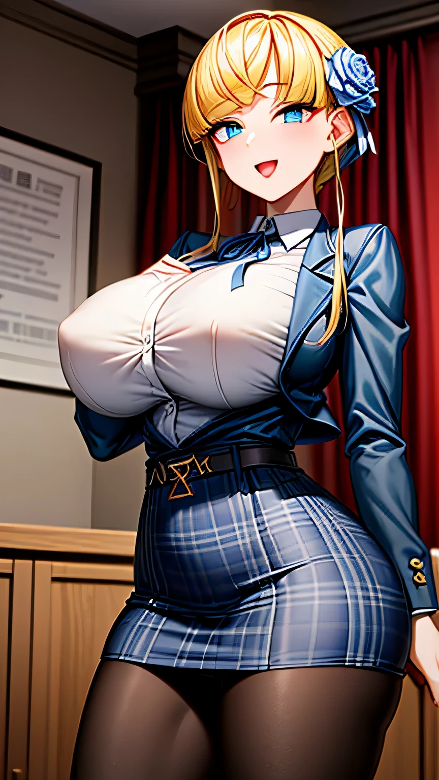 a very tall woman in her 60s, with long golden blonde hair in large coils at the ends. She wears an imposing blue suit, with elegant and eye-catching details, typical anime style. His expressive eyes sparkle with determination, while his intimidating and penetrating gaze fascinates whoever crosses his path. His arrogant attitude is accompanied by a confident and powerful posture, conveying an aura of authority. Your presence is magnetic and attracts the attention of everyone around you., making them feel attracted to your captivating and mysterious personality.