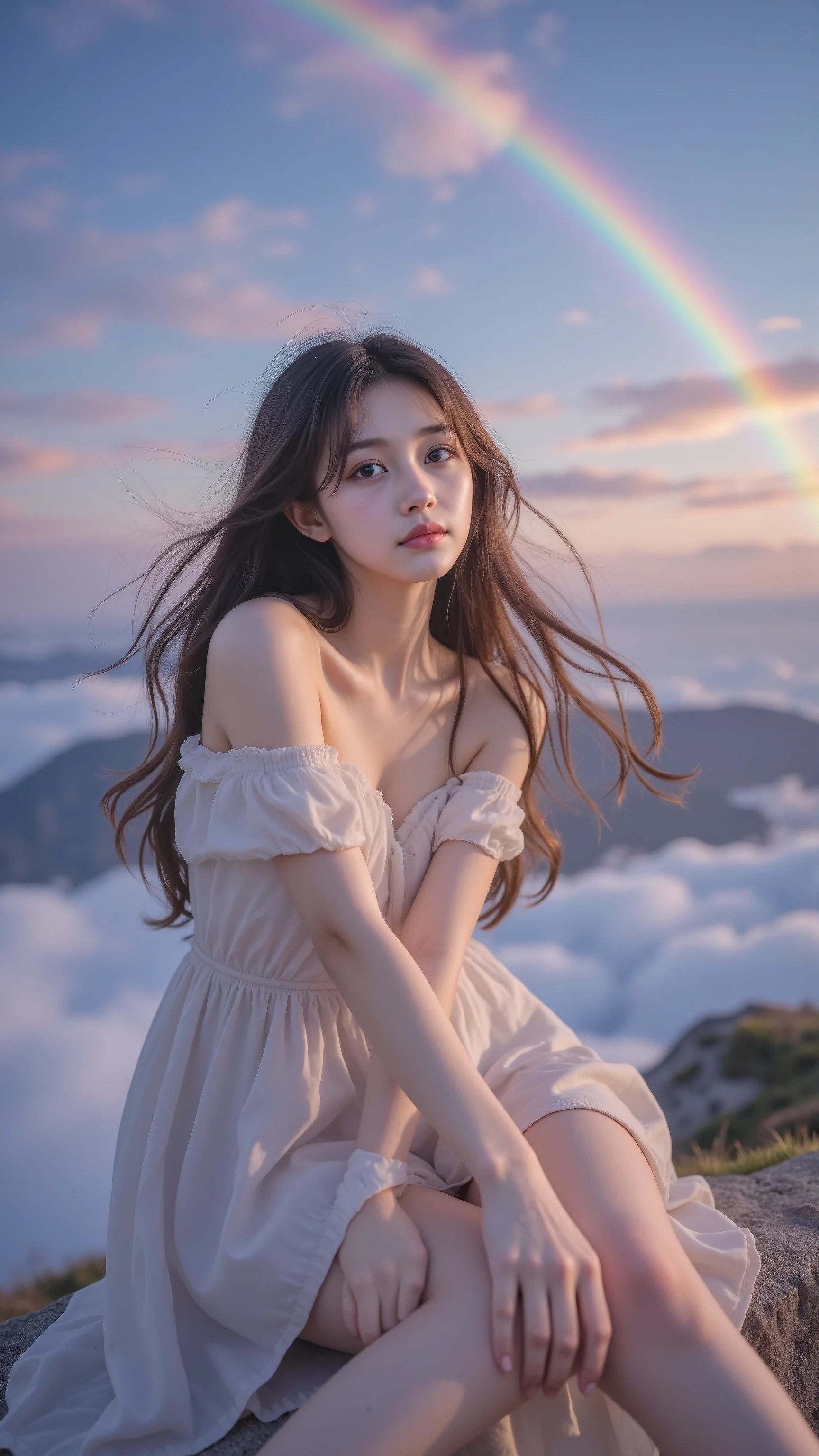 (top quality, best quality, masterpiece), high sensitivity, high res, Detailed Description, slender woman, beautiful girl, white transparent skin, pretty lips, cute eyes, High nose, smooth skin, Anatomically Perfect Legs, perfect hands, Fantasy Scenery, Twilight Sky, rainbow-colored light from heaven , Soft fog , Dreamy Atmosphere, Narrative Composition, Artistic Treatment, digital illustration