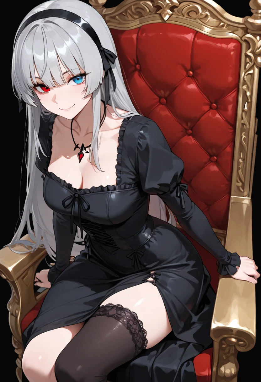 A woman wearing a black dress with red details and an iron cross, silver hair and blue eyes, inside a large sophisticated salon
