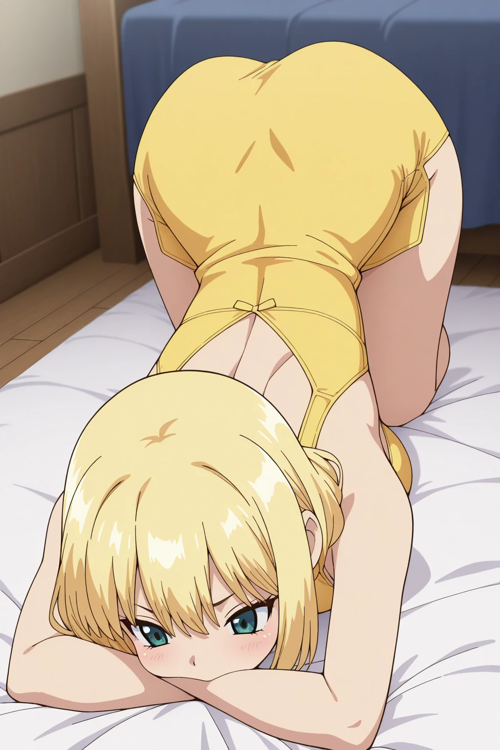 (lying on bed), (Upside-down : 1.3), gold bikini, sarielx, (luxury bedroom background), anime cels style, best quality, high resolution, 1girl, (huge breasts:1.2), beautiful face, cowboy shot, heterochromia, braided ponytail, braided bangs, smiling, looking at viewer