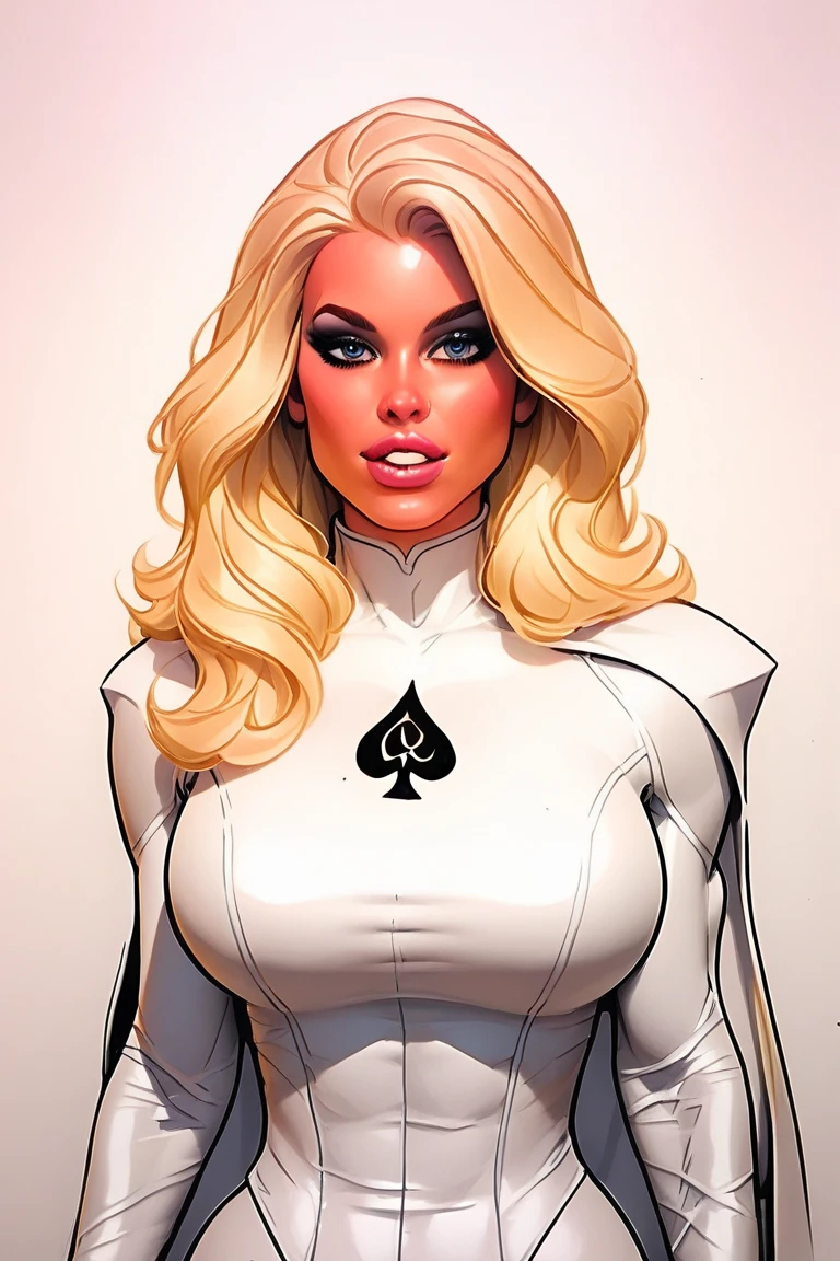 1girl, solo, (masterpiece:1.6, best quality), Generate an image of Sydney Sweeney portraying the character of Black Cat from Marvel Comics, long hair, lips, blonde hair, blue eyes, smile, large breasts, domino mask, solo, cleavage, bodysuit, black bodysuit, shiny, skin tight attire, white gloves, choker, white gloves, collar, white fur trim, athletic physique, cowboy shot, 8k, insane details, intricate details, hyperdetailed, hyper quality, high detail, ultra detailed, professional, HDR, ray tracing reflection, cinematic lighting,