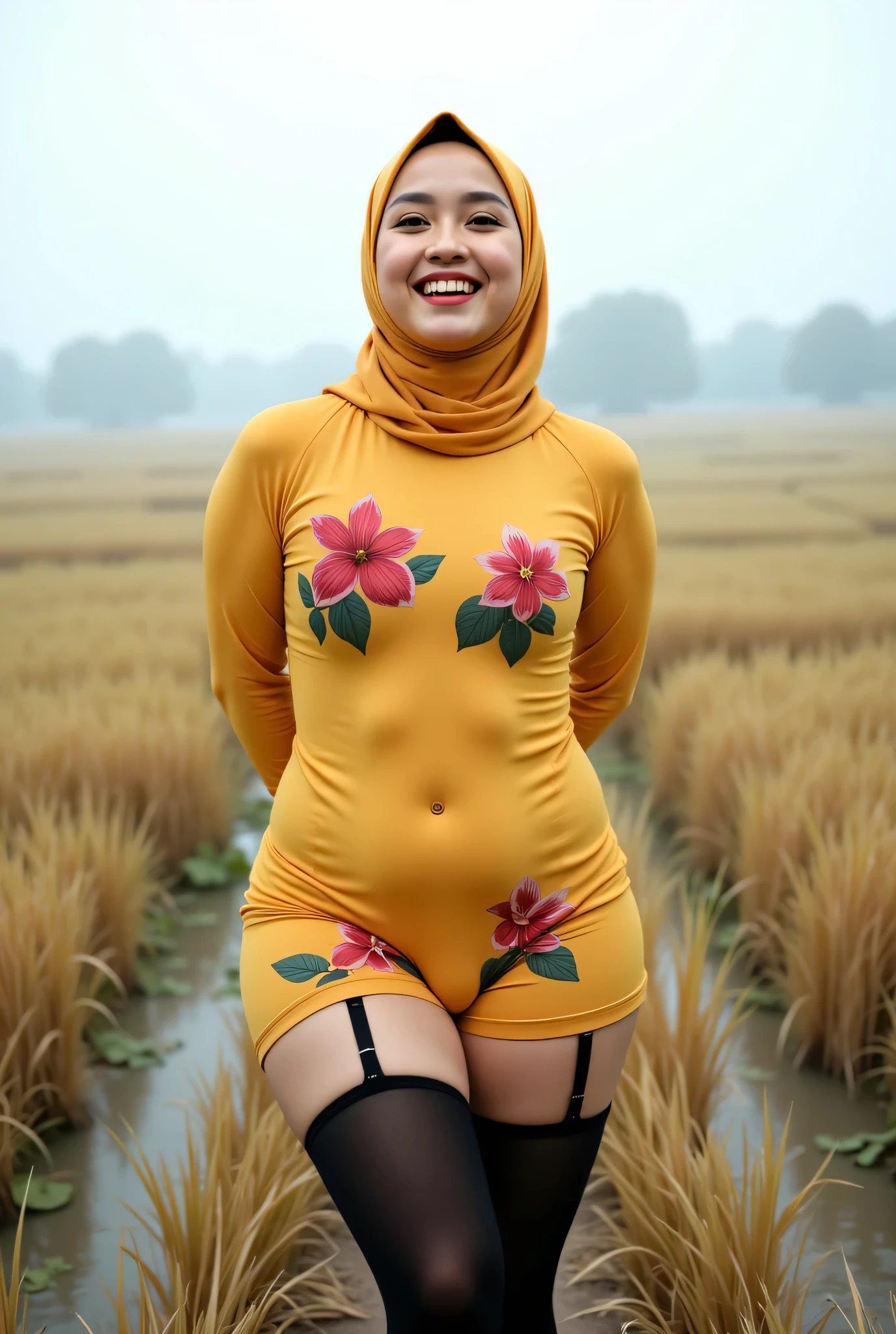Femboy Just Front photo, Atmosphere Foggy, (Fat body) "Facial expression in Happy Orgasm", Wearing flora print hijab, (photorealistic:1.6) (mini tiny tights Hotpants), background rice paddy. daytime atmosphere, don't put any rope! flat chest!, duduk di atas kerusi kaca, hands behind back while legs astride,  Look from the front you are stupid!, wearing Fully bright yellow flora print tight dress chubby