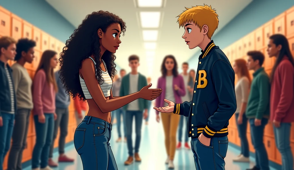 black male, Scrawny, curled hair, basketball outfit with blonde girlfriend short hair teacher with dress
