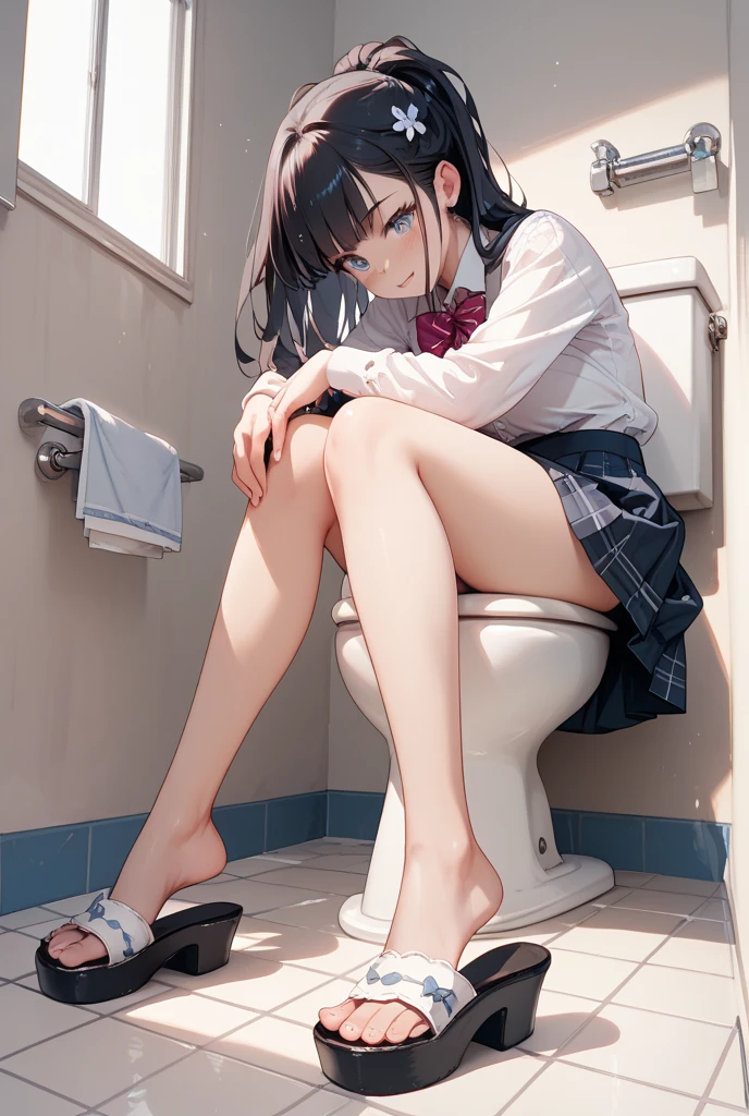 Girl Black Hair, , Brown eyes, blush, 
There are a lot of sanitary products scattered on the bathroom floor.
