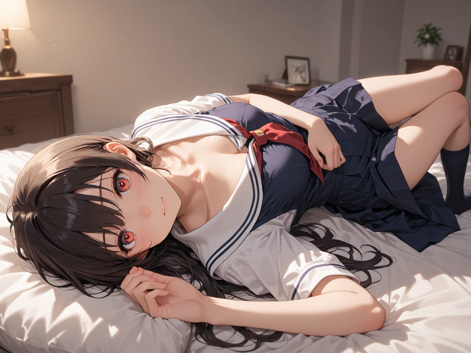 2-dimensional，bit girl, , small, female student, 校服, Superskirt, People who don't wear underwear, lying on the table, Undress, Small under the chest，There is a mole under the neck，Small bottom, ‎Classroom, ssmile, Stas, Volumetriclighting, rays of sunshine, bright，nipple play