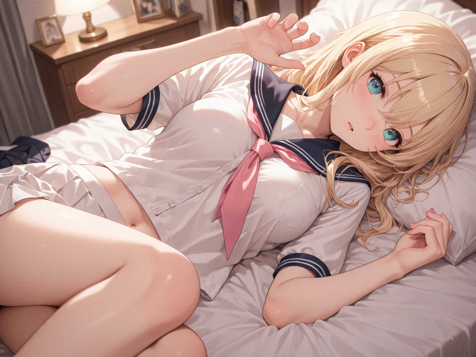 Masterpiece、highest quality、A girl in a  is sleeping、beautiful girl、High school girls、Natural fingers、Wearing a uniform、Blonde、Short skirt